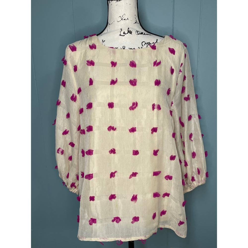 Jodifl Blouse Womens Medium Cream Pink Good Eyelash Tufted Pom Pom Mesh Top